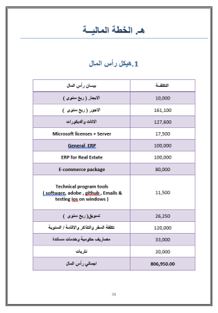 الخطة المالية مشروع شركة برمجيات في السعودية